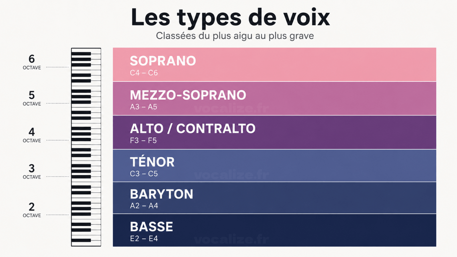 tessitures-vocales-types-voix Infographie des six types de voix chantée : soprano, mezzo-soprano, alto, ténor, baryton et basse, avec leur tessiture typique en notation internationale